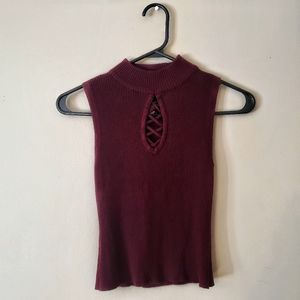 Cute Burgundy Turtle Neck Cutoff Blouse